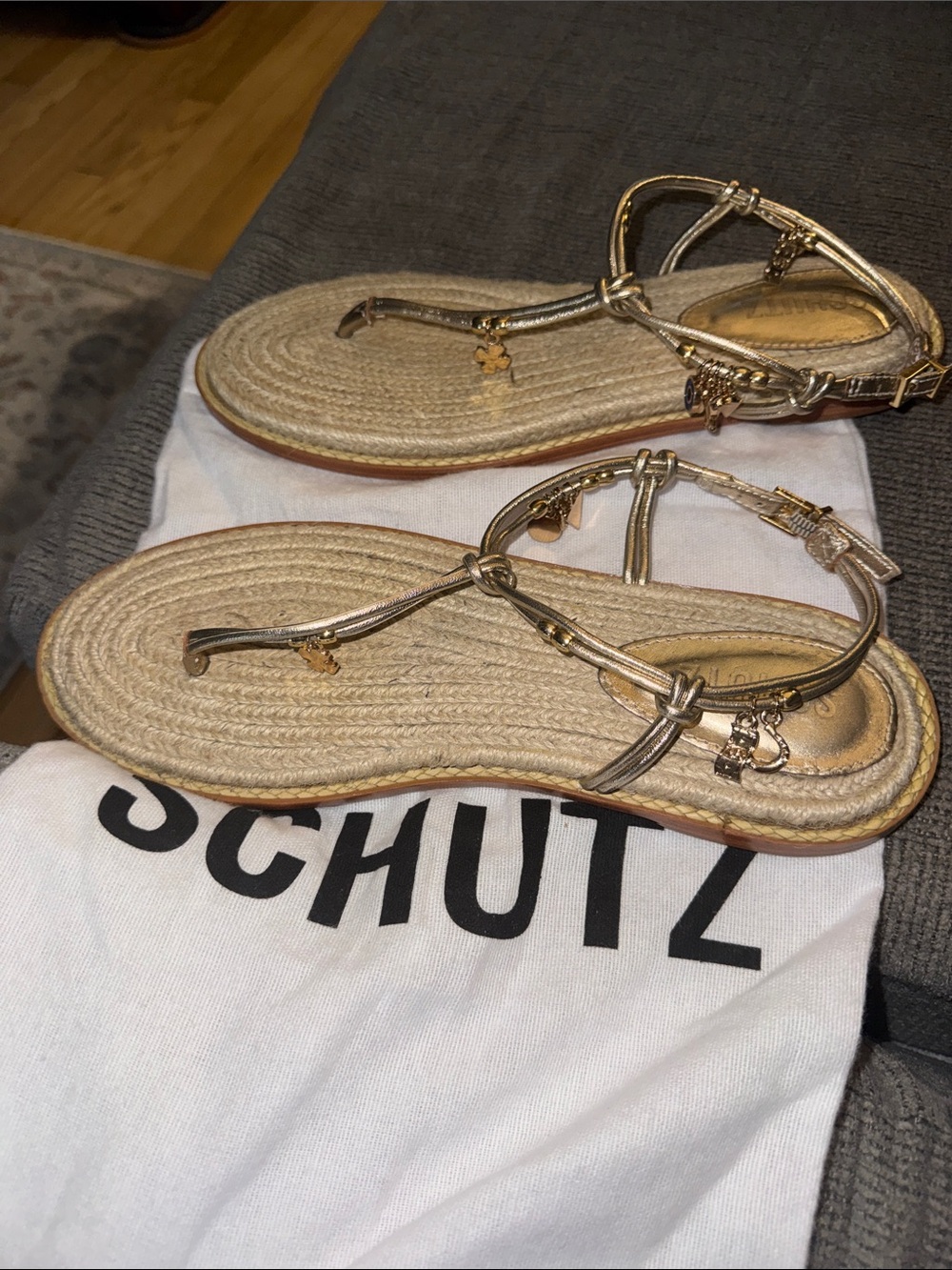 SCHUTZ Metallic Gold Braided Espadrille Sandals with Decorative Charms